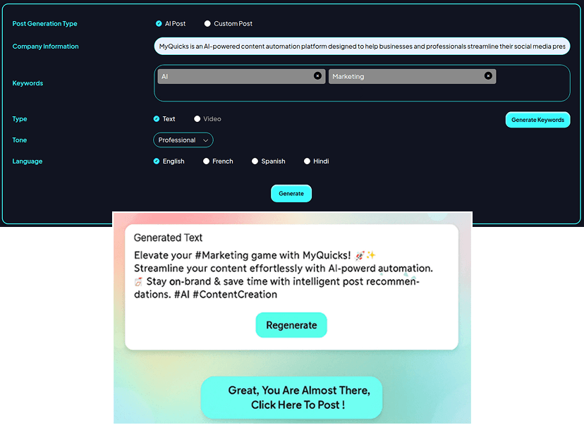 Text Post Generator | MyQuicks – Instantly Create Engaging Social Media ...